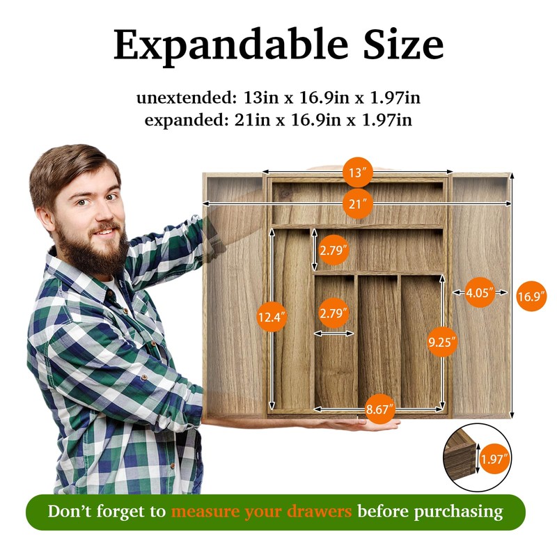 Kiasthome Acacia Wood Kitchen Silverware Drawer Organizer, Expandable Utensil Cutlery