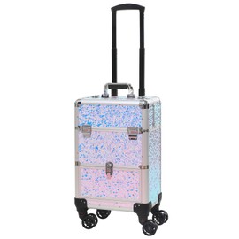 CHANNCASE Rolling Train Case With Drawer - Cosmetic Organizer and Makeup Traveling Trolley (Colorful With Silver)