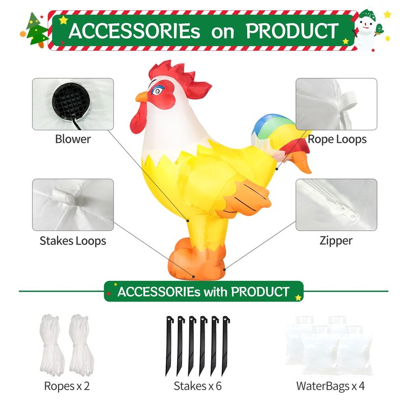DomKom 6FT Rooster Inflatables Christmas Spring, Farm Ranch Blow up