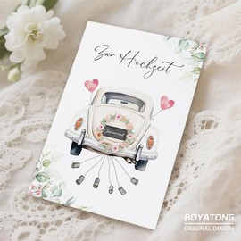 Hochzeitskarte Auto mit Umschlag aus Kraftpapier -Karte, A6 Klappkarten Aquarell Karte Hochzeit, Premium Glückwunschkarte zur Hochzeit