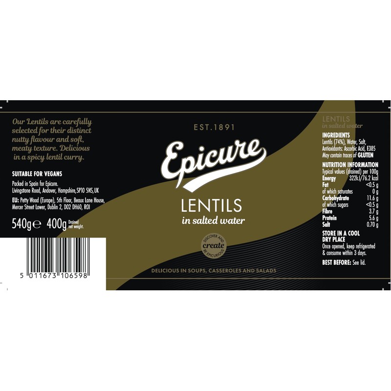 Epicure Lentils In Salted Water, 540 g Jar (Pack of