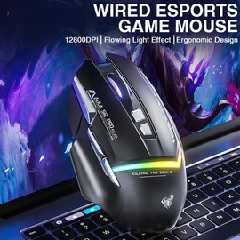 AULA S12Pro Gaming Mouse Wired,6 Adjustable DPI 12800,Ergonomic RGB Backlight Computer Mouse,Programmable PC Mouse with Side Buttons,Gaming Mice for Laptop Mac Gamer (White)