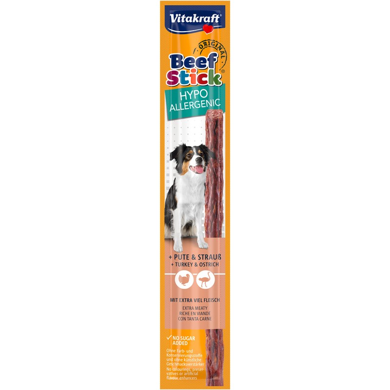Vitakraft Bastoncino di manzo ipoallergenico, ideale per intolleranze, con tacchino