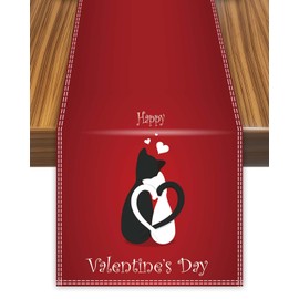 Valentine's Cats Velvet Fabric Table Runner, Happy Love Lover Valentines Day Tablecolth for Dining Home Decor