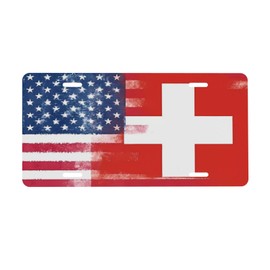 KOSUES Half Switzerland Swiss Half American Flag Aluminum License Plate 6 x 12 Inch Metal Car Front License Plate Cover Car Decor Accessory Novelty Vanity Decoration Tag with 4 Holes Gift