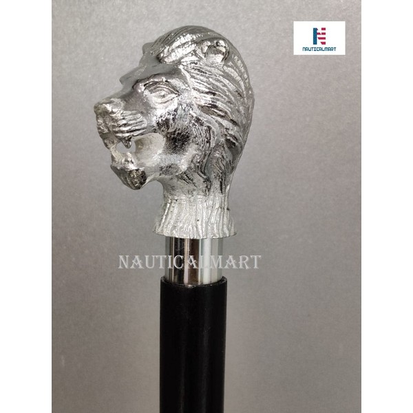 Sterling Silver Plated The King Lion Head Walking Stick with Black Beechwood Collectors Gifts
