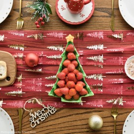 Artoid Mode Red Gold Christmas Tree Gauze Table Runner 120 Inch 10FT, Glitter Metallic Foil Seasonal Sheer Dining Holiday Table Decor for Home Party