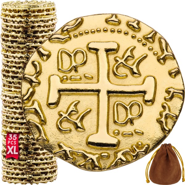 Premium Metal Pirate Coins - 35 X Large Pirate Gold Coins for Kids, Fake Gold Coins, DND Coins, Metal Coins, Fantasy Coins, Tokens - Diameter: 1.18"
