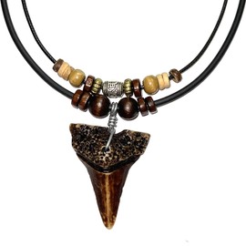 Shark Tooth Necklace for Men Boys Double Layer Necklace - Wood Beaded with Adjustable (Brown)