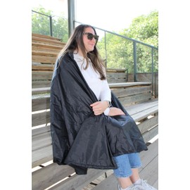 Wolf Essentials Fiber Filled Anywear Cushion, Hooded Fleece & Vinyl Weather Resistant Blanket with Cushion, Great for Outdoor Camping, Picnics, Stadium, Sports, Beach, Concerts, and Travel, Black