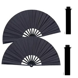 2 Pack Large Bamboo Hand - Portable Folding Fan with Thick Fabric, 13.8 Inch Wedding Cooling Fan for Women, Men, Kids - Decorative Handheld Fan for Parties, Events, Gifts