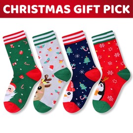 HAPPYPOP Christmas Socks for Kids - Secret Santa Gifts Gingerbread Socks for Big Boys Girls, Xmas Stuffers 4 Pack for 10-12 Years
