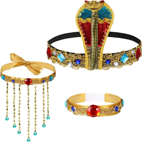 3 Pieces Halloween Egyptian headpiece Costume Accessories Egyptian Cobra Headpiece Snake Beaded , Beaded Tassel Necklace, Crystal Bracelet for Women Girls
