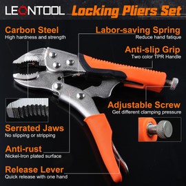 LEONTOOL 6-Piece Locking Pliers Set, Vice Grips Pliers Set, 5", 7" and 10" Curved Jaw Locking Pliers, 6-1/2", 9-1/2" Long Nose Locking Pliers 6" Locking C-Clamp for Welding Metal Bending Woodworking