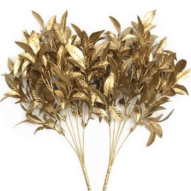 PASYOU Christmas Artificial Plants Decoration, Plastic Grass Fake Shrubs Simulation Leaves Indoor Outdoor Home Garden Planter Filler Party Hotel Verandah Wedding UV Resistant DIY Decor - Gold 2 Pack