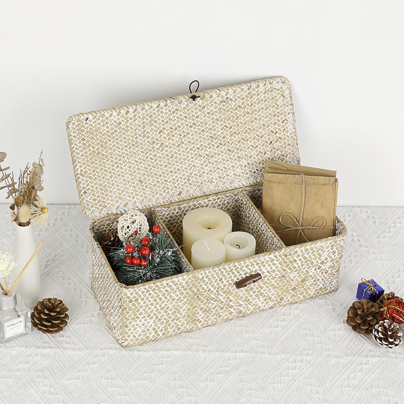 IGNPION 3 Compartments Seagrass Storage Basket with Lid Bathroom Sotrage
