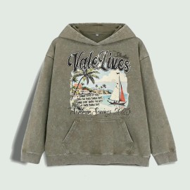 Vale Lives Summer Scene Graphic Hoodie 100% Cotton US Warehouse 6 ColorsColor: Army Green, Size: S