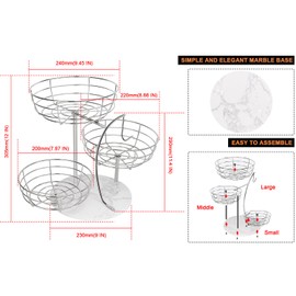 Livabber Fruit Basket Bowl with Banana Hanger, Metal Fruit Vegetable Storage Basket with Banana Holder for Kitchen Counter, Detachable Organizer for Bread Snack Produce (Chrome, 3-Tier Marble Base)
