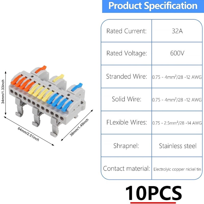 5PCS DIN Rail Terminal Blocks Kit, 3 in 12 Out