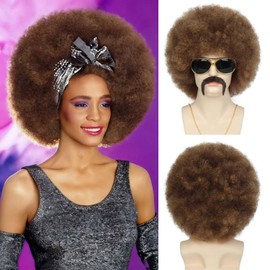Afro Wig Set, Lightweight Disco Rocker Party, Mix Brown Curly Costume,70’S Hipper Synthetic Hair Wig,with Glasses, Necklace, Mustache for Halloween Party Funny Cosplay