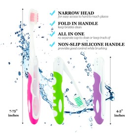 Lingito Lingito Folding Toothbrush, Built-in Cover, Travel Size for Hiking, Camping, Traveling - 3 Pack Soft-Multicolor