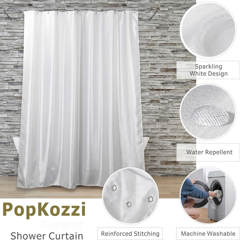 Popkozzi Silver White Glitter Shower Curtain: Sparkle Bling Shiny Washable