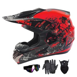 SPARK Dirt Bike Helmets Kids Motorcycle Helmet Youth ATV Motocross Full Face Men Women Off-Road Mountain Bike Helmet Adult with(Gloves Goggles Mask) DOT Approved 4Pcs Set (Red, Large)