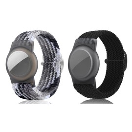 Yizhet 2 PCS Airtag Bracelet, Adjustable Size for 14.9-23.9cm, Soft Nylon Wristband for Adults, Kids, Toddlers, Elderly (Woven Black White, Pure Black)
