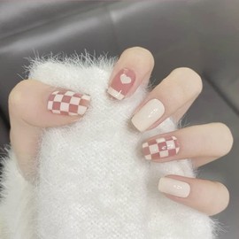 24 pcs Cute Nail Tips, Grid Pattern, Pink, Milky White, Removable Nail Tips, False nails, Cute Women, Receptions, Parties, After-parties, School Entrance Ceremonies, Graduation Ceremonies,