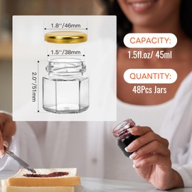 AuroTrends Mini Honey Jars with Dipper 1.5oz 48Pack, Empty Hexagon Honey Jars for Baby Shower Favors/Wedding Favors- Mini Glass Jars with Lids/Wooden Dippers/Gift Bags (1.5 fl.oz-48Pack)