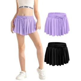 2 Packs Kids Shorts Black Purple with Pocket Drawstring 2 in 1 Athletic Flowy Butterfly Shorts for Girls Volleyball, Gymnastics, Running Size 8