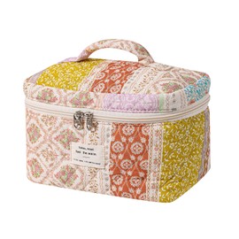 RSRSLEII Large Quilted Makeup Bag for Women and Girls, Cute Coquette Floral Cotton Cosmetic Bag, Aesthetic Travel Organized Toiletry Bags (04Brwon Flower)