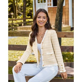 Belle Poque Women's V-Neck Long Sleeve Vintage Cardigan with Pockets, beige