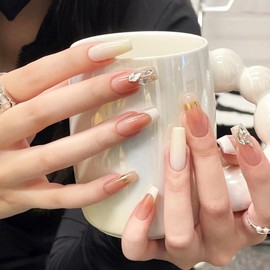 Lwenjing Nail Tips, 24 Pieces, 3D Nail Tips, Handmade Nail Tips, Short, Spring and Summer, Popular Japanese Style, Cute, Simple, Stylish, Bride, Shiny, False Nails, Double-Sided Tape, Coming of Age