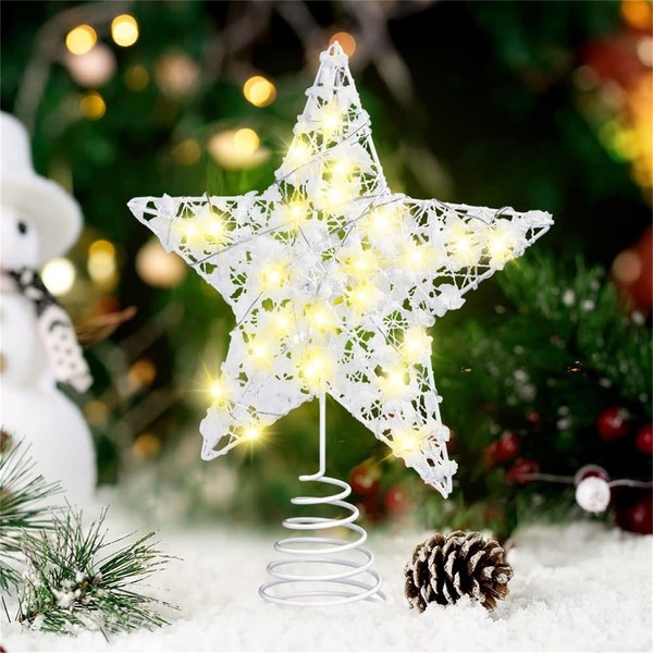 Christmas Tree Topper, LED Star Tree Crown with White Snowflake, Illuminated Pentagram Snow Tree Crown with 10 Mini Lights for Christmas Tree Decorations (Small Size) (23 cm x 18 cm)