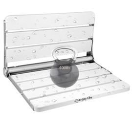 Bootuu 18"" Teak Folding Shower Seat Wall Mounted,Fold Down Shower Bench for Small Shower Space, Home Care Teak Wood Stool for Inside Shower, Silver & White