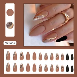 Press on Nails Almond Brown 24Pcs Matte Full Cover Acrylic Medium Reusable False Nails with Glitter Designs Natural Artificial Almond Fake Nails with Glue Stick on Fingernails for Women Girls