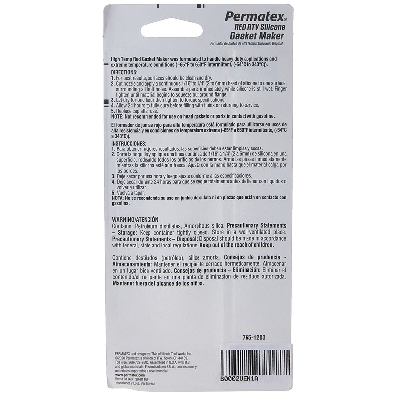 Permatex 81160 High-Temp Red RTV Silicone Gasket, 3 oz