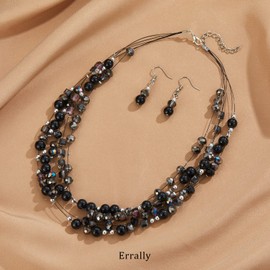 Layered Chunky Statement Necklace for Women Colorful Boho Beaded Necklaces and Earring Set Fashion Costume Jewelry for Women(Black)