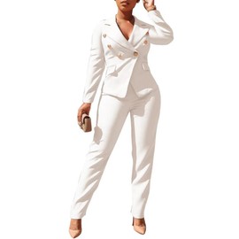 Dmoled Women's Business Blazer Suit Long Sleeves Two Piece Solid Work Pant Suit Business Office Lady Suits Sets White