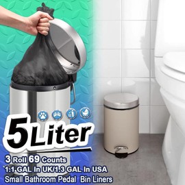 AOSULI 5L Bin Liners, Small Bin Bags, Pack of 69, Black Waste Bags for Office, Bathroom, Toilet