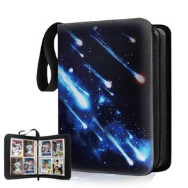 Trading Card Binder,4-Pocket 400 Card Sleeves with 50 Removable Pages,WaterProof Leather Zippered Album 3 Ring Binder,Display Cases for Collectibles MTG TCG &Baseball/Football Cards（Meteor）