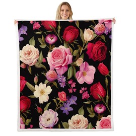 Feelyou Women Rose Fleece Blanket Colorful Floral Print Sherpa Blanket for Sofa Couch Romantic Flowers Pattern Plush Throw Blanket Breathable Chic Botanical Fuzzy Blanket Room Decor Throw 50"x60"