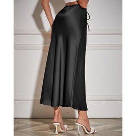 VividHarbor Women's Drawstring Satin Maxi Skirt High Waist Silk A Line Flowy Long Skirts, Black, Small