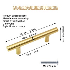Cjueiom 6 Pack Gold Cabinet Handles 76mm Hole Centers, 127mm Length Stainless Steel T-Bar Handles for Drawers, Wardrobe, Kitchen Cabinets & Bedroom Furniture
