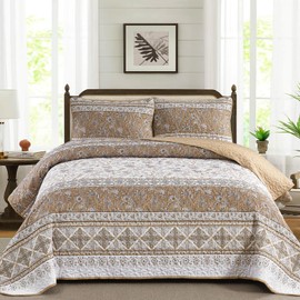 Yiran Boho Brown Quilt Set King,3 Piece Striped Floral Bedspread Coverlet Set for All Season,Lightweight Bohemian Bedding Set 104"×90"