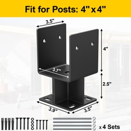 4"x 4" Concrete Post Base, 4Pcs Stainless Steel Adjustable Post Anchor Bracket (Internal 3.5 x 3.5), U-Shape Wood Post Base Holder for Pavilion Deck Porch Handrail Railing Support