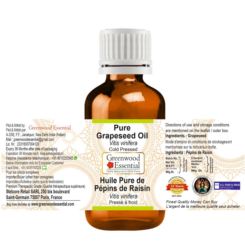 Greenwood Essential Pure Grapeseed Oil (Vitis vinifera) Cold Pressed (Pack