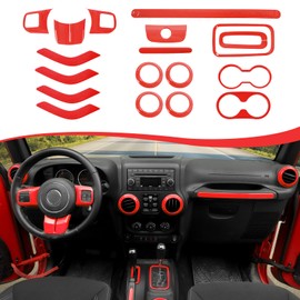 CheroCar 18PCS Interior Trim Kit for Jeep Wrangler JK JKU 2011-2018 4 Door,Steering Wheel Cover, Air Conditioning Vent Trim Cup Holder Cover,Gear Shift Knobs Frame,Red…