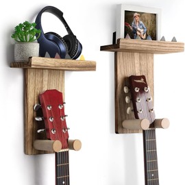 Bytebliss Guitar Wall Mount, 2 Pack Guitar Wall Hangers,Guitar Stand Wall with Pick Holder Guitar Rack for Acoustic or Electric Guitars,Ukulele,Bass,Mandolin,Rustic Wood Brown